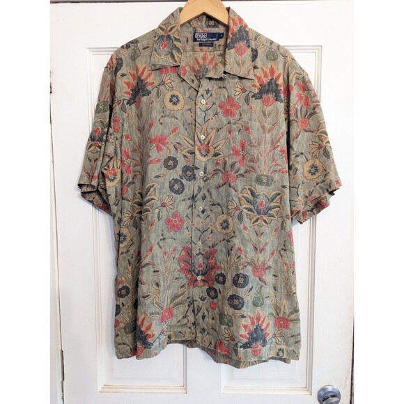 Ralph Lauren Other - Rare 90s L Ralph Lauren Open Collar Shirt 100 Linen Short Sleeve Floral Pattern